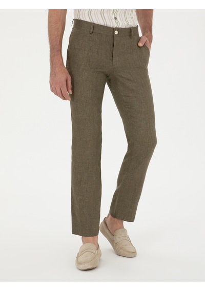 Cacharel Haki Slim Fit %100 Keten Pantolon Yesıl
