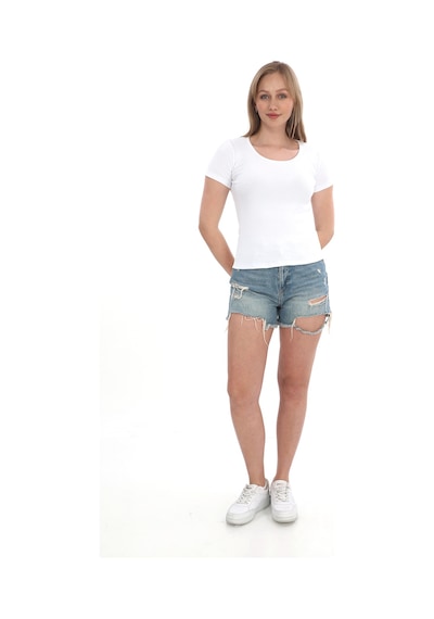 Monox Kadın Fitilli Likralı Pamuk Basic Tshirt Beyaz