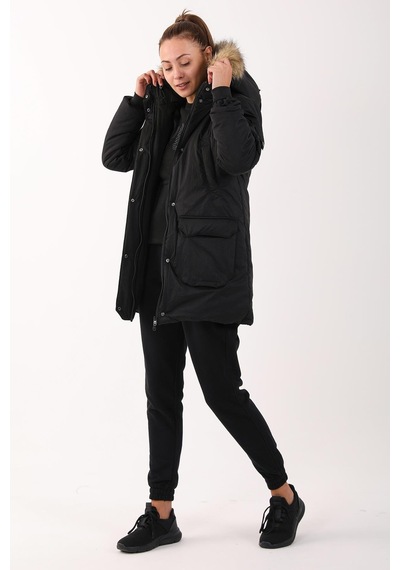 Maraton Sportswear Regular Kadın Kapşonlu Uzun Kol Basic Siyah Parka 21418 Siyah - Siyah