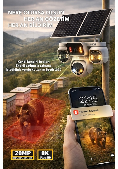20mp 4 Kamera 360 Görüş 4g Güneş Enerjili Sim Kartlı Güvenlik Kamerası - Kişi Takibi - 128gb Sd Kart