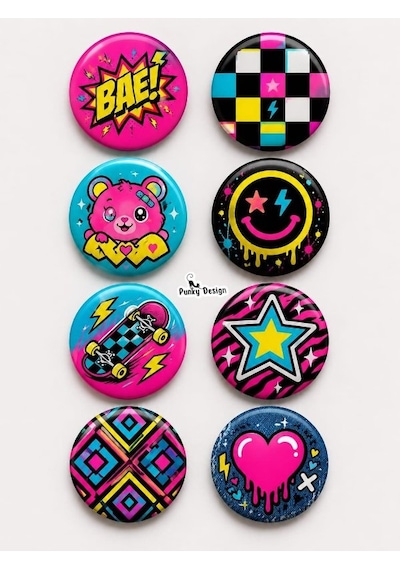 8 Li Set-11 Neon Pop Art Rozet Seti Renkli Skate Kawaii Y2k Desenli Broş Pin Çok Renkli