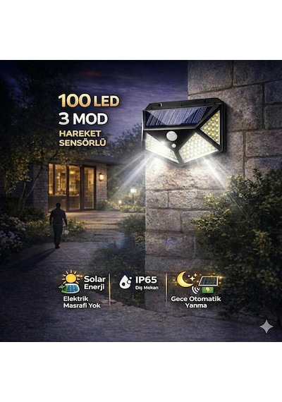 100 Led'li Güneş Enerjili Solar Duvar Apliği - 1200 Lümen Hareket Sensörlü 3 Modlu Bahçe Aydınlatması, Duvar Ar Diğer