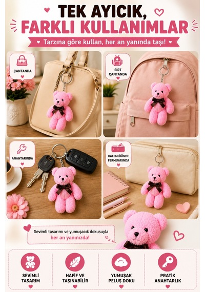 1 Adet Pembe Peluş Ayıcık Anahtarlık 15x8 Cm Çanta Sırt Çantası Anahtar Aksesuarı Sevimli Fiyonklu