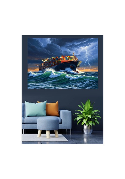 Fırtınalı Denizde Dev Kargo Gemisi Yağlı Boya Dokulu Kanvas Tablo Canvas Tablosu