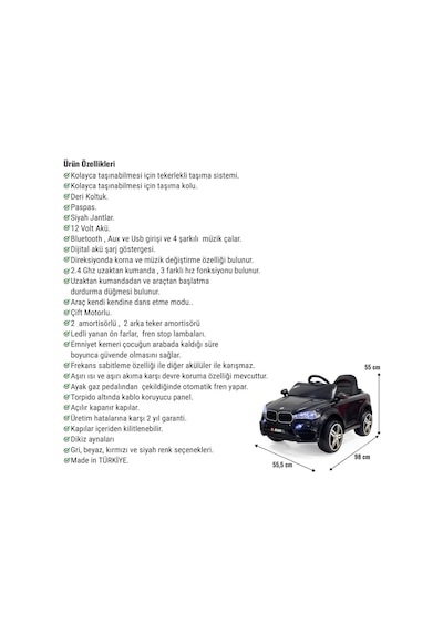 Blade Gt 12v Uzaktan Kumandalı Bluetooth Ve Usb Destekli Led Farlı Emniyet Kemerli Çocuk Akülü Araba Siyah
