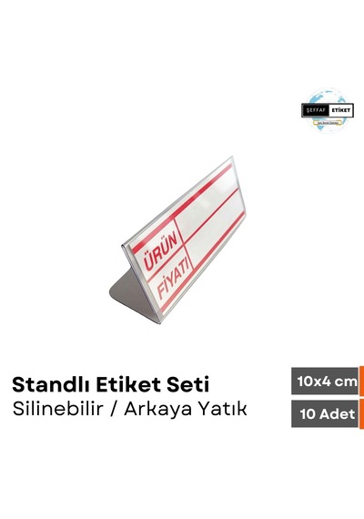 10 Adet Standlı Etiket Seti 10x4 Cm Silinebilir Ayaklı Vitrin