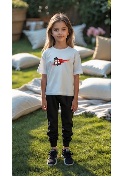 Uyguntarz Çocuk Atatürk Tasarım Basklı Tshirt Eşofman Takımı Beyaz