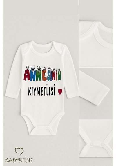 Babyden's Annesinin Kıymetlisi Yazılı Uzun Kollu Çıtçıtlı Bebek Body Zıbın %100 Pamuk, Unisex Beyaz