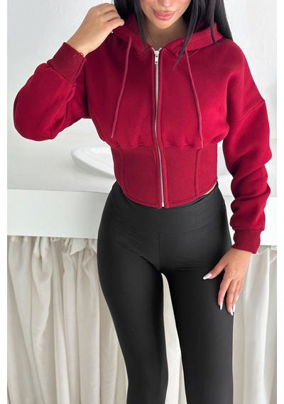 Kadın Siyah Fermuarlı Hoodie Minimal Sokak Ruhuyla Bordo