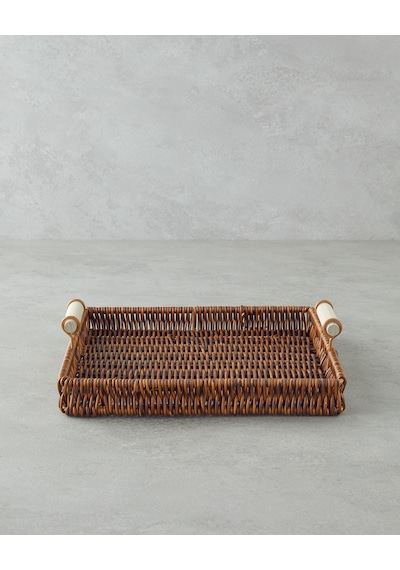 Boho Plastik Rattan Tepsi 26x26x3 Cm Kahverengi