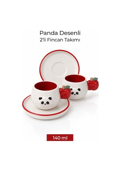 Panda Desenli Kiraz Kulplu 2'li Kahve Fincanı 140 Ml Beyaz