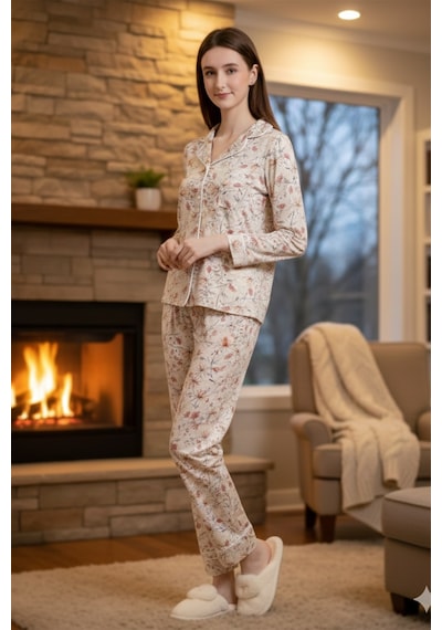 Remsa Kadın Çiçek Desenli Önü Düğmeli Yumuşak Milan Kumaş Pijama Takımı 250347-6 Krem Krem