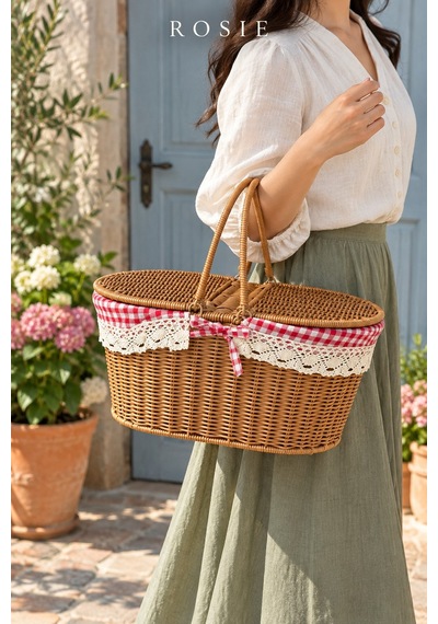 Rosıe Pötikare Desen Kumaş 2 Kapaklı Oval Piknik Sepeti 40 Cm Karışık