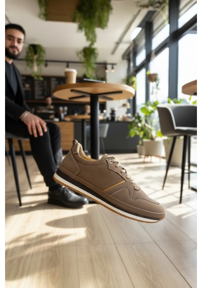 Enoch Hakiki Deri Sarılı Detaylı Erkek Sneaker Ayakkabı Ortopedik Taban Vizon