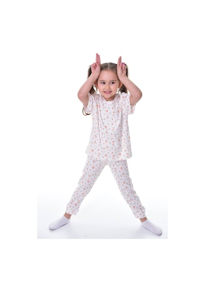 Kız Çocuk Yazlık Pamuklu Pijama Takımı Çiçek Desenli, Kısa Kollu, Konforlu Kırık Beyaz Kız Çocuk Yazlık Pamuklu Pijama Takımı Çiçek Desenli, Kısa Kollu, Konforlu Kırık Beyaz