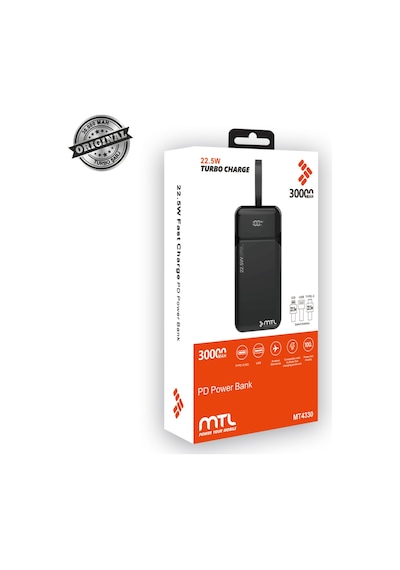 30000 Mah 22.5w Turbo Şarj Dahili Kablolu Dijital Led Göstergeli Pd Ve Qc 3.0 Powerbank Mt4330 Siyah
