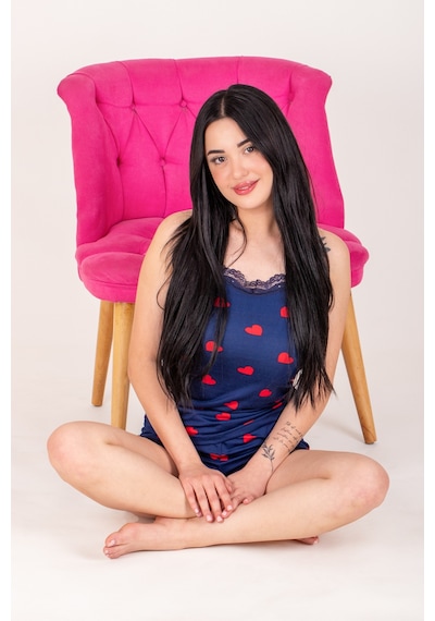Kadın Büyük Kalp Desenli Yumuşak Dokulu Penye İp Askılı Şortlu Pijama Takımı Lacivert Mavi