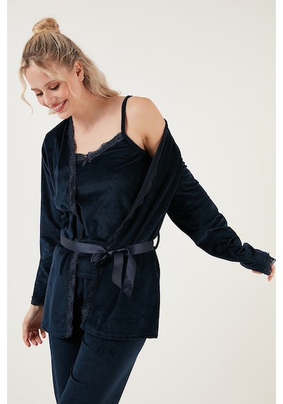Lela Regular Fit Dantelli Yumuşak Dokulu Sabahlıklı Kadife Bayan Pijama Takımı 6095545 Lacivert
