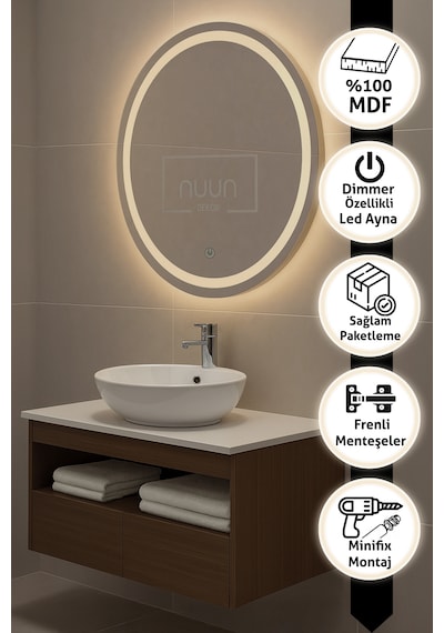 Aurora 60cm Banyo Dolabı Seti Yuvarlak Ledli Dokunmatik Ayna + Mdf Lavabo Dolabı + Seramik Lavabo Ceviz - Beyaz Aurora 60cm Banyo Dolabı Seti Yuvarlak Ledli Dokunmatik Ayna + Mdf Lavabo Dolabı + Seramik Lavabo Ceviz - Beyaz