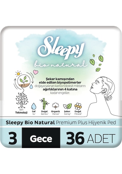 Sleepy Bio Natural Premium Plus Hijyenik Ped Gece 36 Adet Ped