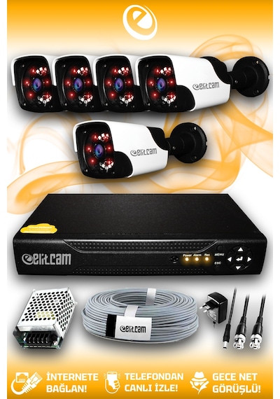 Elitcam 5 Kameralı Panda 5 Dış Kamera Set HDD'siz Full HD Gece Görüşlü Güvenlik Kamerası Sistemi