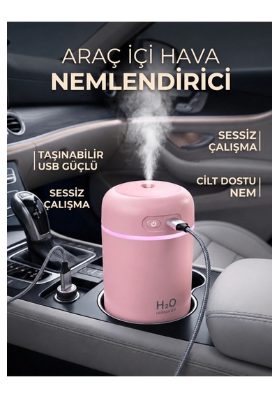 Araç Içi Mini Hava Nemlendirici Led Işıklı Taşınabilir Ultrasonik Buhar Makinesi +  1 Yedek Filtre