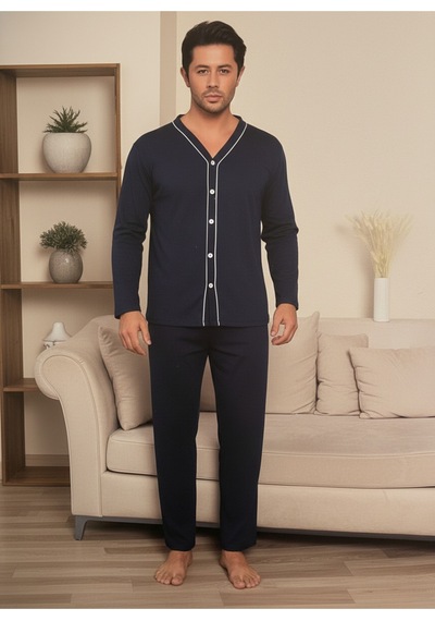 Erkek Önden Düğmeli Uzun Kollu Pijama Takım Lacivert