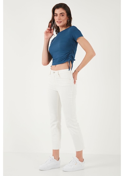 Lela Yanlardan Büzgülü Kısa Kollu Crop Bayan Bluz 5864010 Indigo