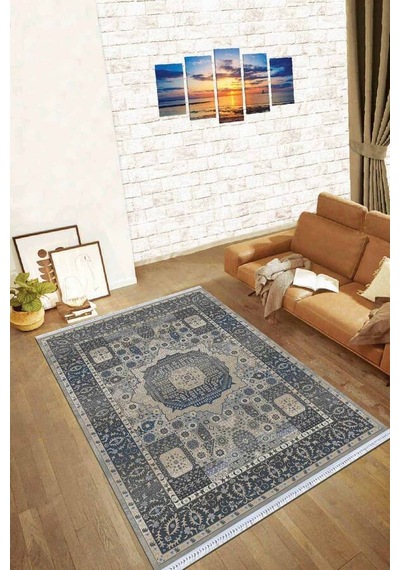 Gri Çerçeveli Dokuma Pamuk Tabanlı Kaymaz Kilim Klm202n11
