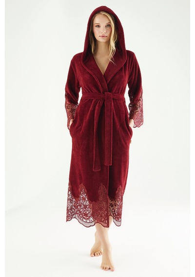 Dantelli Uzun Kapüşonlu Triga Bambu Cotton Bayan Bornoz Bordo