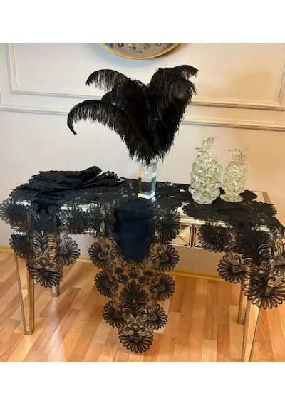 5 Parça Siyah Çeyizlik Palmiye Model Keten Runner Seti Masa Örtüsü Salon Takımı
