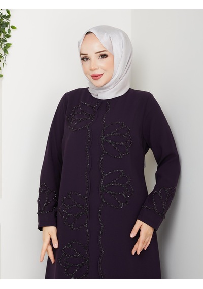 Eslemnur Lotus Çiçek Taşlı Büyük Beden Anne Elbisesi Mürdüm