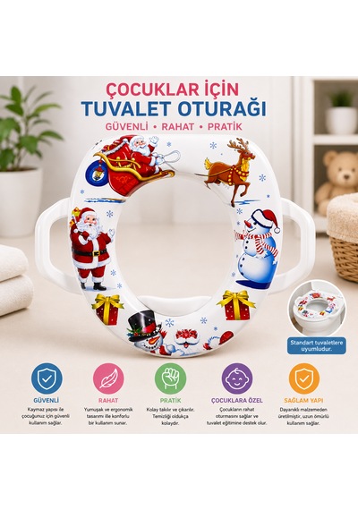 Soft Baby Desenli Çocuk Tuvalet Oturağı Adaptörü Kulplu, Yumuşak Minderli