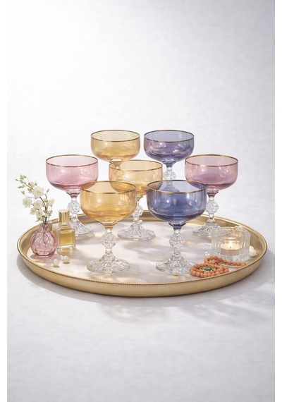 Crystal Claudia Şampanya Kadehi Seti, Kristal, Altın Kenarlı, 3 Renk, 200cc, 6 Parça