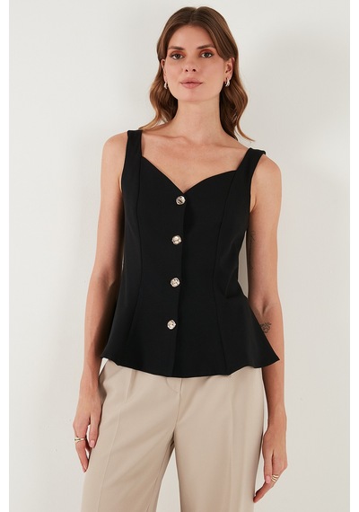 Lela Fitted Fit V Yaka Düğmeli Bayan Yelek 611Fyl145 Siyah