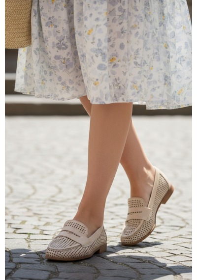 Napa Shoes Kadın Hakiki Deri Delikli Comfort Taban Kadın Babet Napa-aes22201 Krem