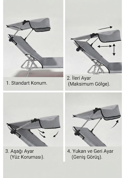 Ecm Proger Gölgelikli Katlanabilir Şezlong, Havuz, Bahçe Ve Teras İçin, Yastıklı, Gri, Modern Stil