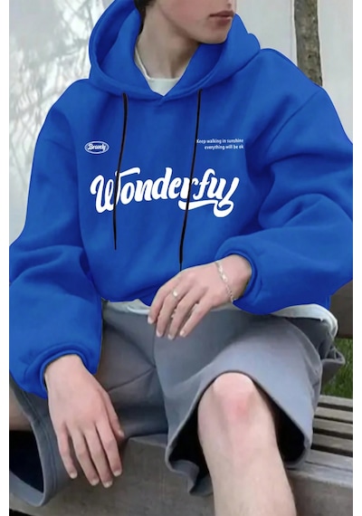 Wonderful Baskılı Oversize Sweatshirt Mavi