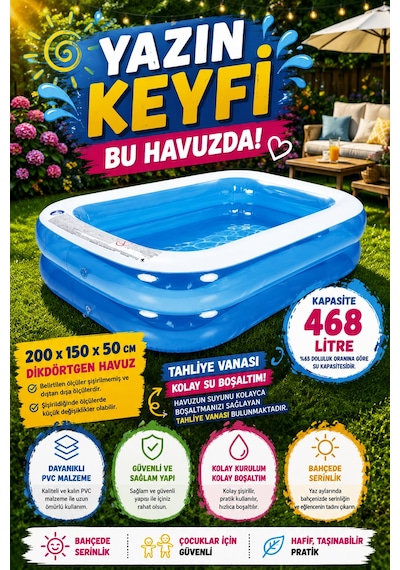 200x150x50 Cm Dikdörtgen Şişme Havuz - 30 Cm El Pompası Dahil Mavi
