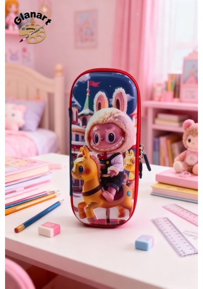 Labubu Kabartmalı İçi Fileli Kalem Kutusu Kalemlik 1 Adet Atlı Desen Pembe