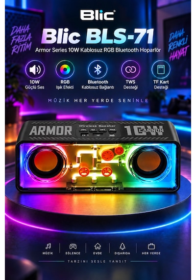 Blic Bls-71 Siyah Armor Series 10w Kablosuz Rgb Bluetooth Hoparlör Tws Tf Kart Desteği