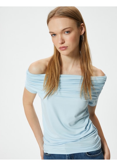 Koton Omzu Açık Tişört Drape Detaylı Slim Fit Viskoz Kumaş Mavi 4sal11042ık Mavi