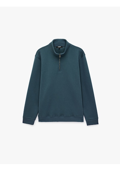 Koton Şardonlu Regular Fit Uzun Kollu Fermuarlı Yaka Sweatshirt Mavi 7wam70003mk