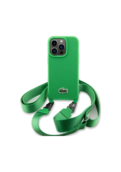 Apple Uyumlu iPhone 14 Pro Max Kılıf Lacoste Lisans Pu Pike Desen Askılı İkonik Timsah Dokuma Logo Yeşil