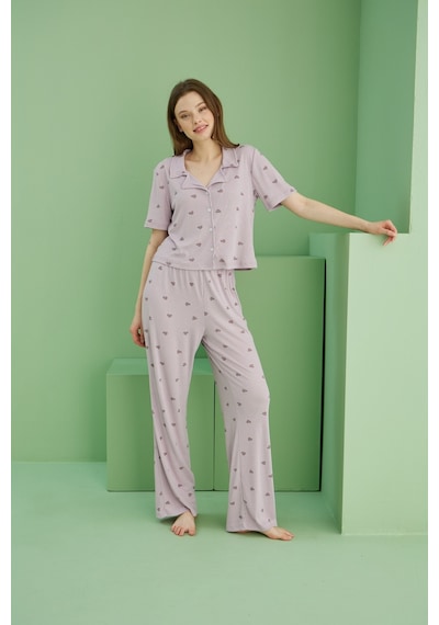 Siyah İnci Fitilli Kaşkorse Örme Düğmeli Gömlek Yaka Pijama Takım Lila