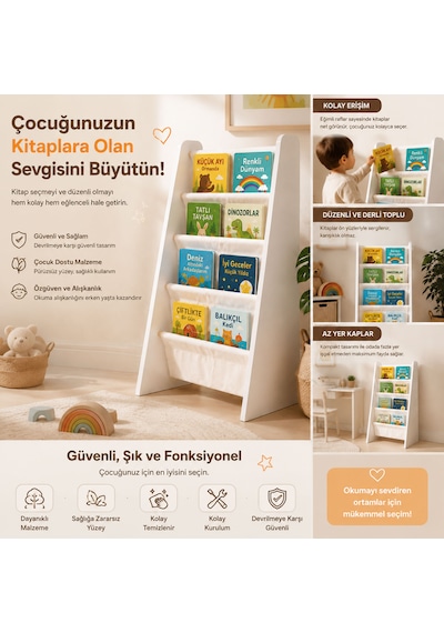 Montessori Çocuk Kitaplığı - Büyük Boy Ahşap Kitap Rafı - Yıkanabilir Paraşüt Kumaş Raflı - Çocuk Odası Kitap Düzenleyici Beyaz