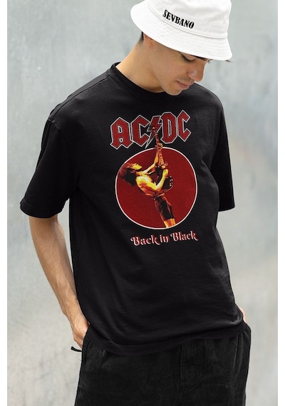 Ac Dc Back In Black Baskılı Unisex Oversize Rock Metal Tişört Siyah