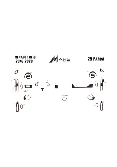 Renault Clio 2016-2020 Torpido Kaplama 29 Parça Koyu Meşe