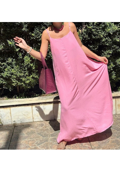 Lasorella Butik İnce Askılı Ayrobin Kumaş Uzun Elbise