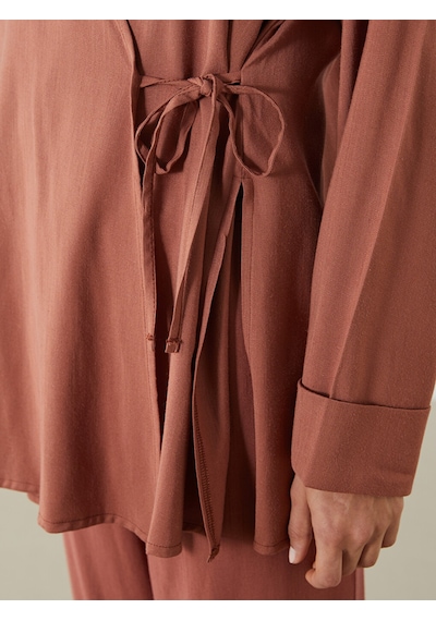 Lcw Modest Kahverengi Kruvaze Yaka Keten Karışımlı Kadın Kimono